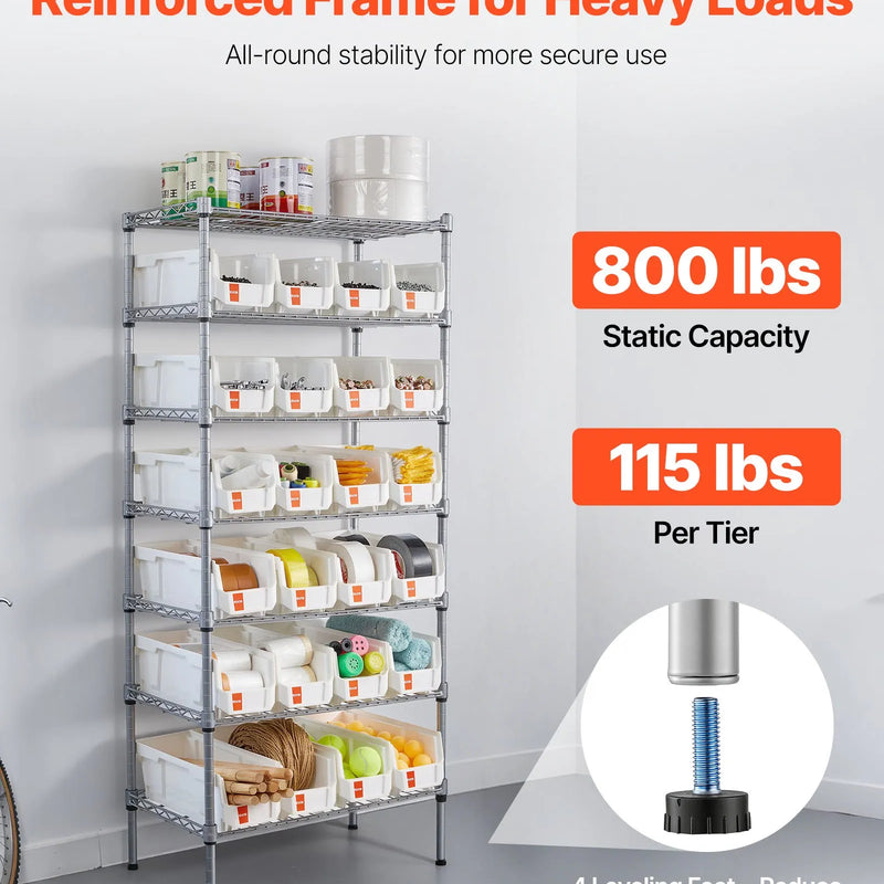 VEVOR 7 līmeņu pārvietojams uzglabāšanas statīvs ar konteineriem, 24 mazas kastes, tērauda stiepļu plauktu sistēma ar riteņiem, mobilais instrumentu un piederumu organizators garāžai, noliktavai, birojam, restorānam, klasei un virtuvei