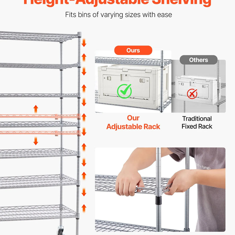 VEVOR 7 līmeņu pārvietojams uzglabāšanas statīvs ar konteineriem, 24 mazas kastes, tērauda stiepļu plauktu sistēma ar riteņiem, mobilais instrumentu un piederumu organizators garāžai, noliktavai, birojam, restorānam, klasei un virtuvei