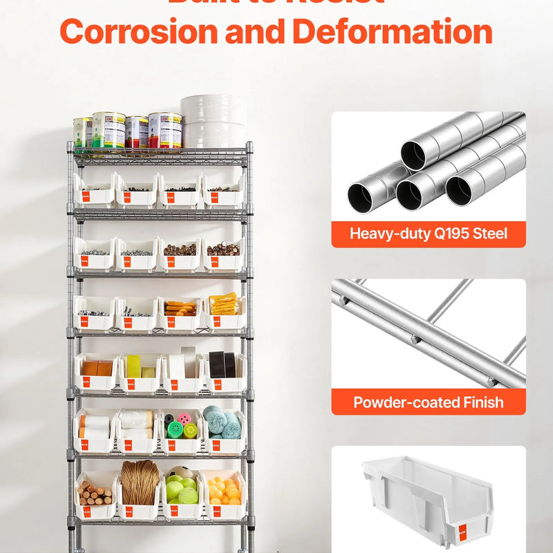 VEVOR 7 līmeņu pārvietojams uzglabāšanas statīvs ar konteineriem, 24 mazas kastes, tērauda stiepļu plauktu sistēma ar riteņiem, mobilais instrumentu un piederumu organizators garāžai, noliktavai, birojam, restorānam, klasei un virtuvei