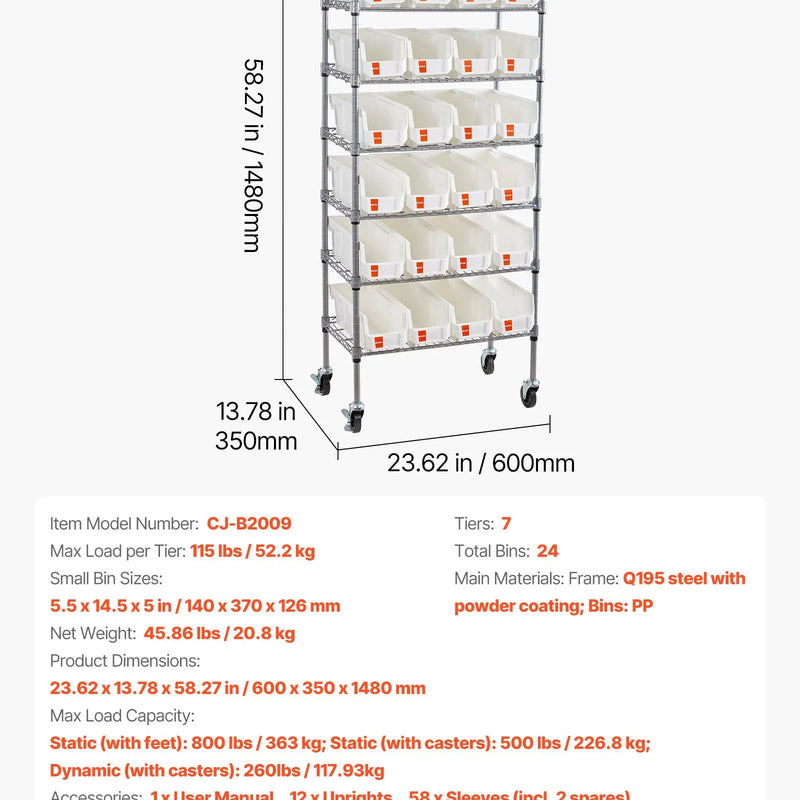 VEVOR 7 līmeņu pārvietojams uzglabāšanas statīvs ar konteineriem, 24 mazas kastes, tērauda stiepļu plauktu sistēma ar riteņiem, mobilais instrumentu un piederumu organizators garāžai, noliktavai, birojam, restorānam, klasei un virtuvei