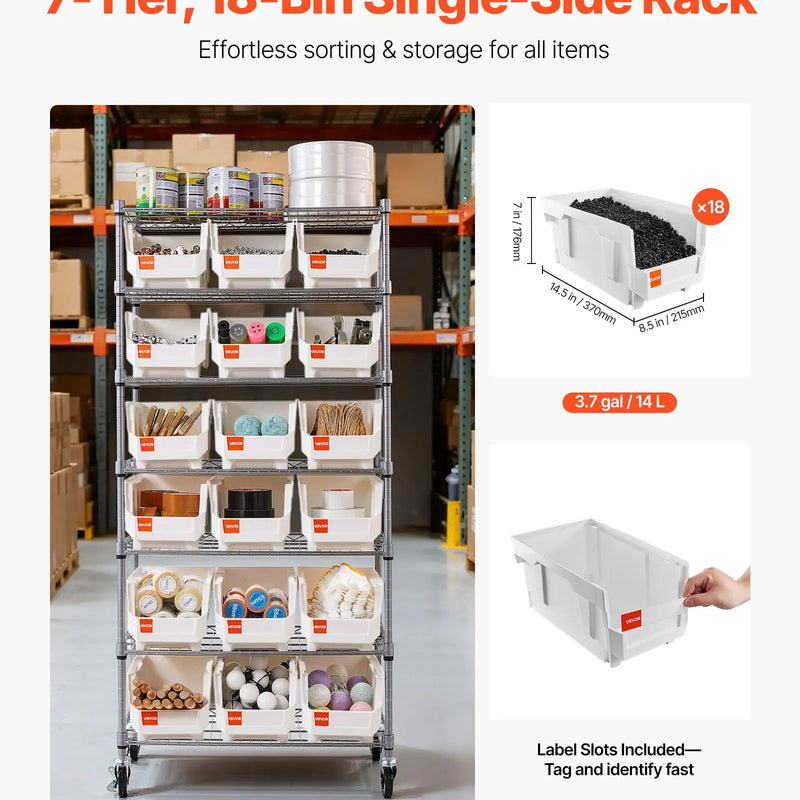 VEVOR 7 līmeņu ratiņu plaukts ar 18 organizatoru kastēm, tērauda stiepļu plaukti ar ritenīšiem, mobilais rīku organizators garāžai, noliktavai, birojam, restorānam, klasei un virtuvei