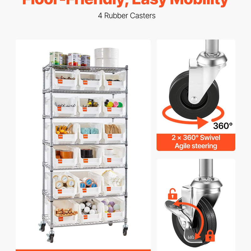 VEVOR 7 līmeņu ratiņu plaukts ar 18 organizatoru kastēm, tērauda stiepļu plaukti ar ritenīšiem, mobilais rīku organizators garāžai, noliktavai, birojam, restorānam, klasei un virtuvei