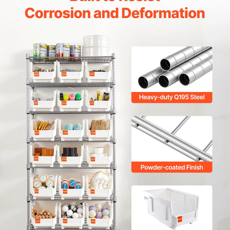 VEVOR 7 līmeņu ratiņu plaukts ar 18 organizatoru kastēm, tērauda stiepļu plaukti ar ritenīšiem, mobilais rīku organizators garāžai, noliktavai, birojam, restorānam, klasei un virtuvei