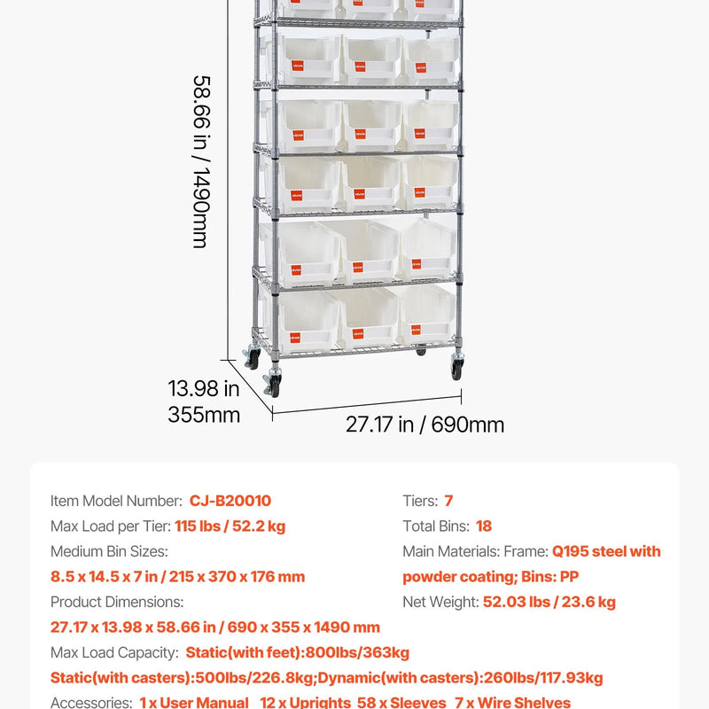 VEVOR 7 līmeņu ratiņu plaukts ar 18 organizatoru kastēm, tērauda stiepļu plaukti ar ritenīšiem, mobilais rīku organizators garāžai, noliktavai, birojam, restorānam, klasei un virtuvei