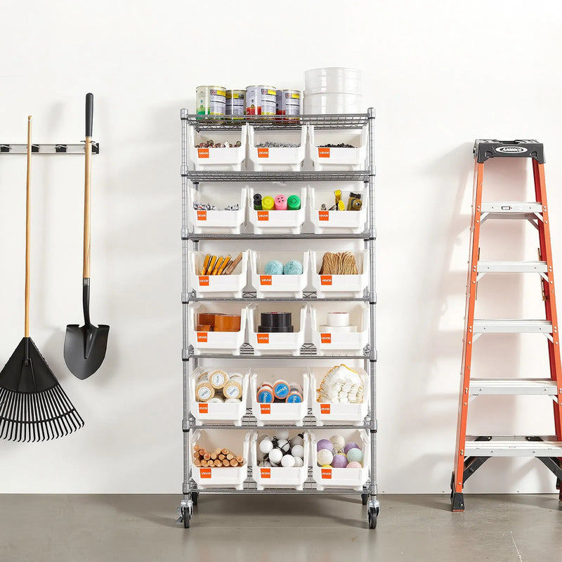 VEVOR 7 līmeņu ratiņu plaukts ar 18 organizatoru kastēm, tērauda stiepļu plaukti ar ritenīšiem, mobilais rīku organizators garāžai, noliktavai, birojam, restorānam, klasei un virtuvei