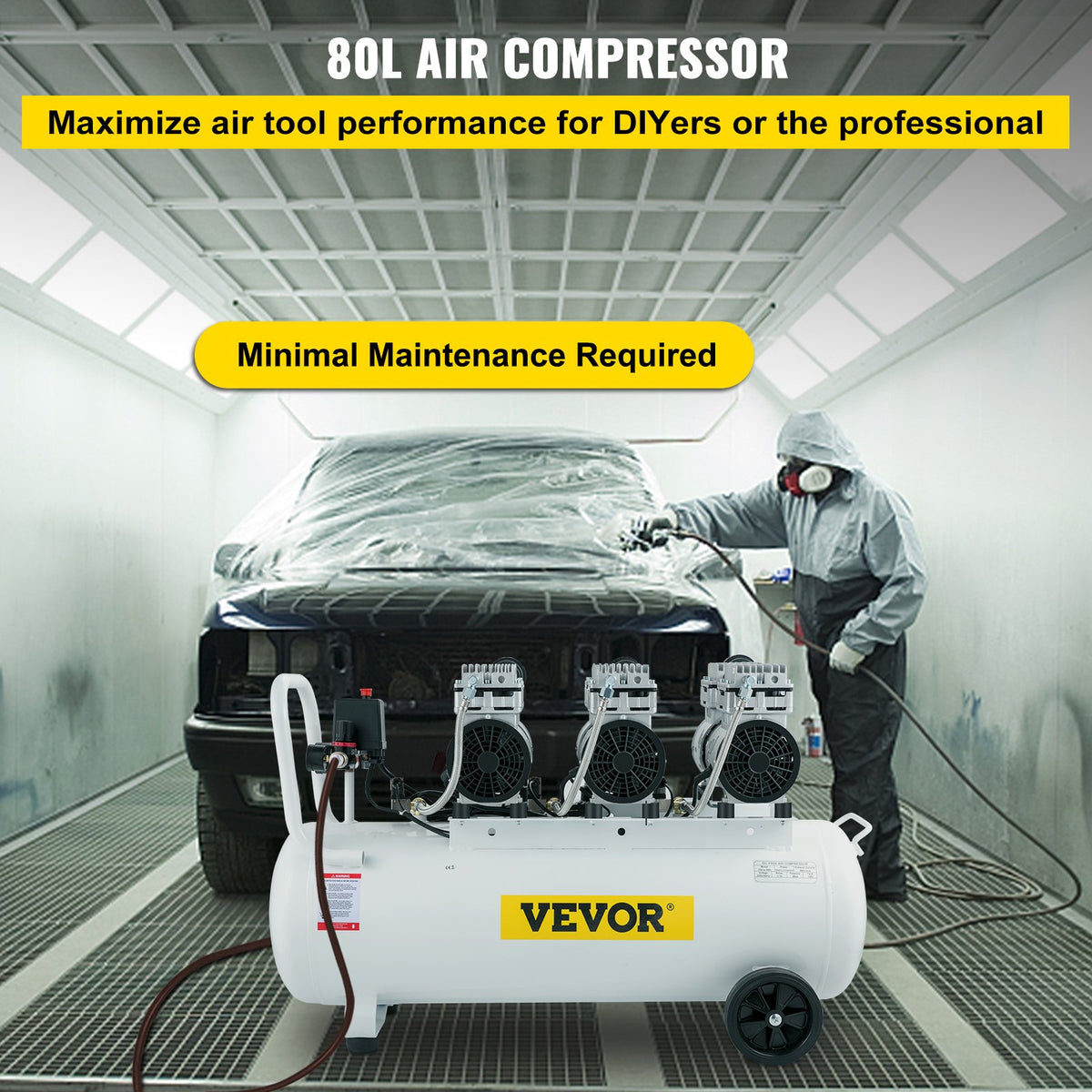 VEVOR Air Compressor 80 L, Ultra-Quiet, Oil-Free, 2.2 kW, Low Noise Level, Safe Solenoid Valve Protection