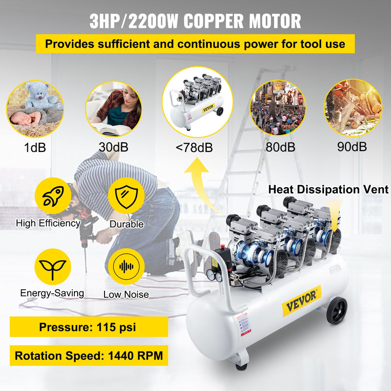 VEVOR gaisa kompresors 80 L, īpaši kluss, bez eļļas, 2,2 kW, zema trokšņa līmeņa, droša solenoīda vārsta aizsardzība