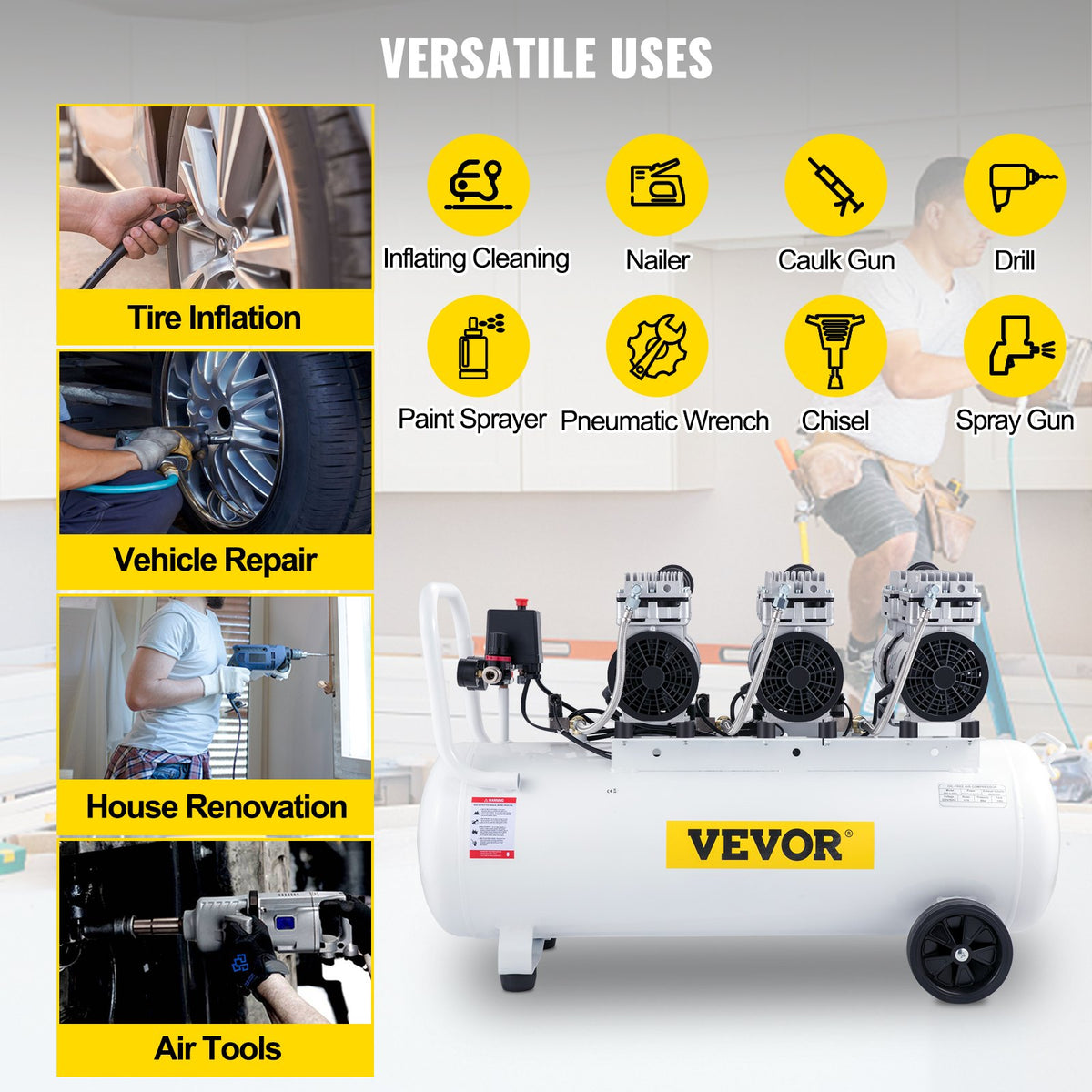 VEVOR Air Compressor 80 L, Ultra-Quiet, Oil-Free, 2.2 kW, Low Noise Level, Safe Solenoid Valve Protection