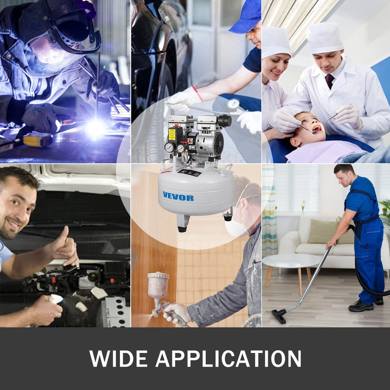 VEVOR vertikālais gaisa kompresors 30 L, īpaši kluss, bez eļļļas, 850 W, zema trokšņa līmeņa