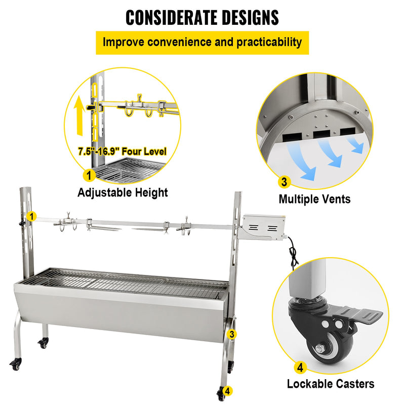 VEVOR rotējošais grils – 60 kg ietilpība, nerūsējošā tērauda cūkas un jēra iesma grils, cepšanas kaste ar 40W motoru, regulējamu augstumu un bloķējamiem riteņiem
