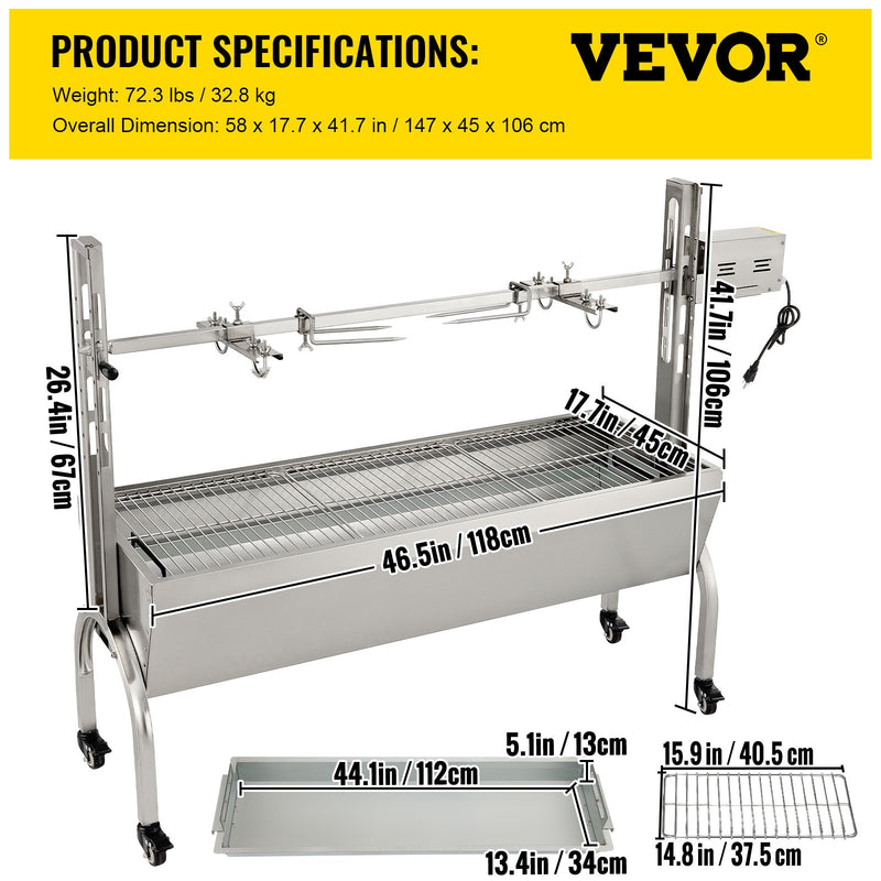 VEVOR rotējošais grils – 60 kg ietilpība, nerūsējošā tērauda cūkas un jēra iesma grils, cepšanas kaste ar 40W motoru, regulējamu augstumu un bloķējamiem riteņiem