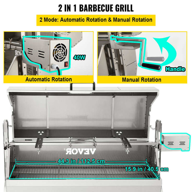 VEVOR rotējošais grills – 60 kg Ietilpība, nerūsējošā  tērauda cūkas un jēra iesma grils ar 40W motoru, regulējamu augstumu, bloķējami riteņi un baffle pārklājumu ārara kempingiem, ballītēm un BBQ