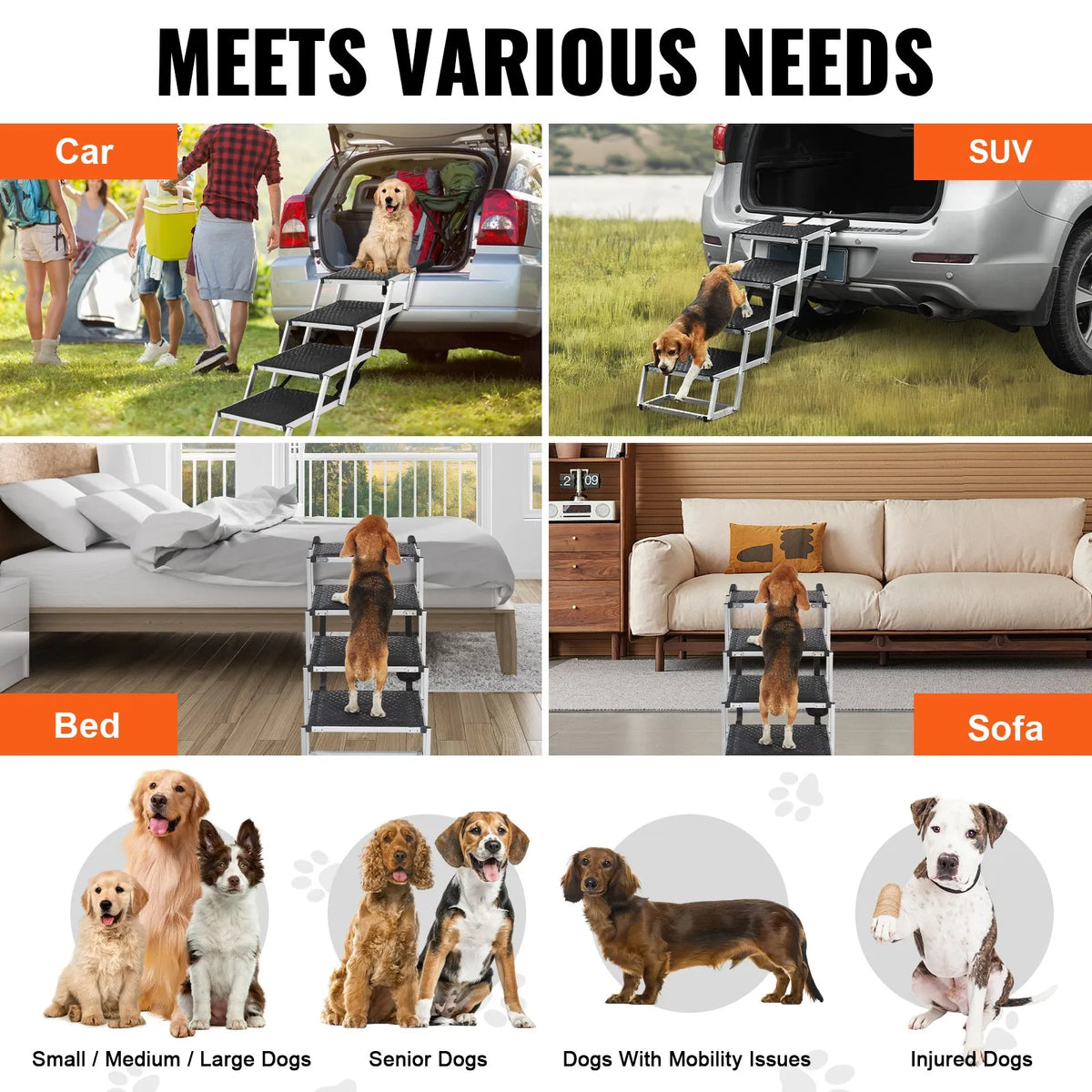 VEVOR Folding Aluminium Dog Ramp for Car, 4 Steps, Up to 68 kg
