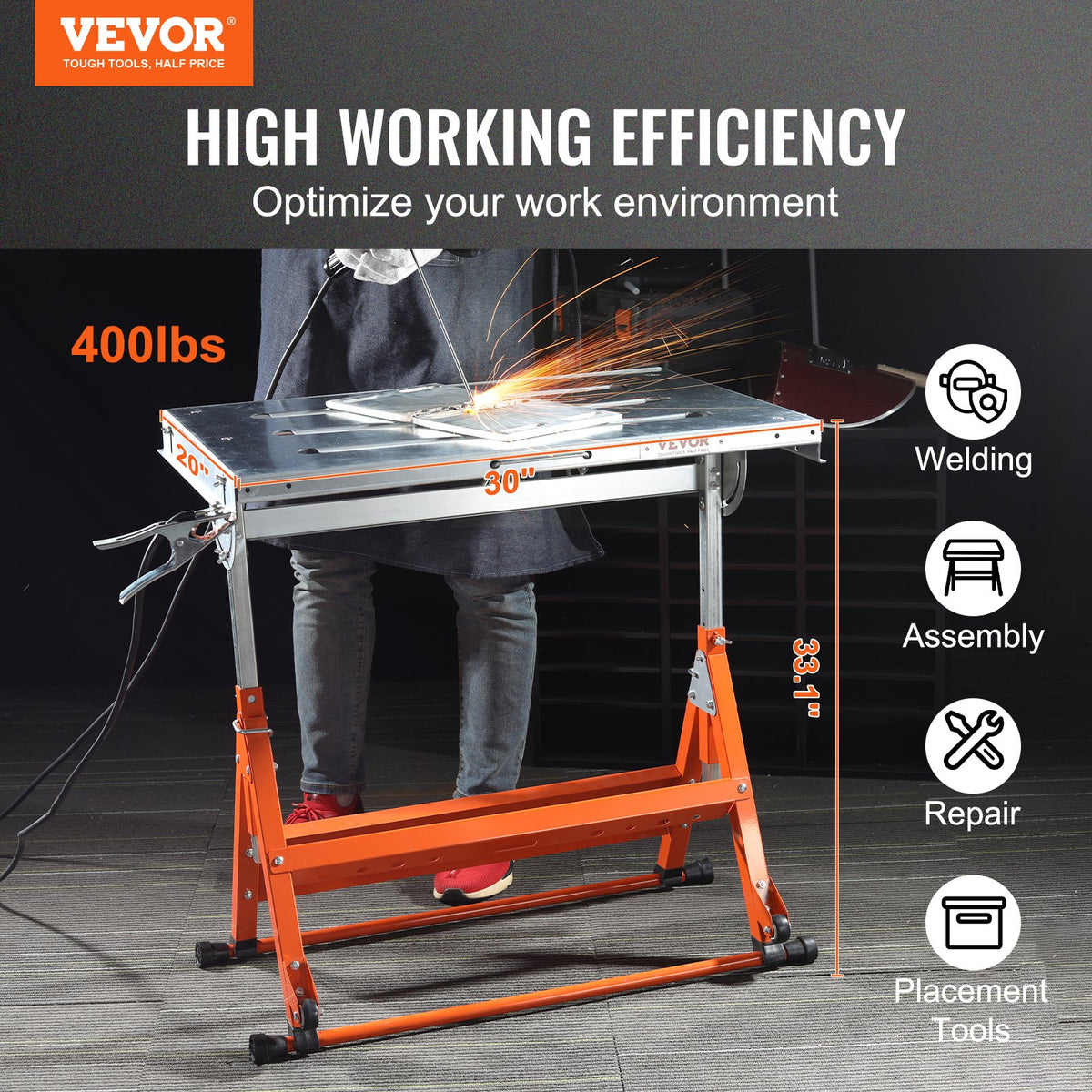 VEVOR Folding Welding Table 76 × 51 cm, 181 kg, on Wheels, 3 Angles, Adjustable Height