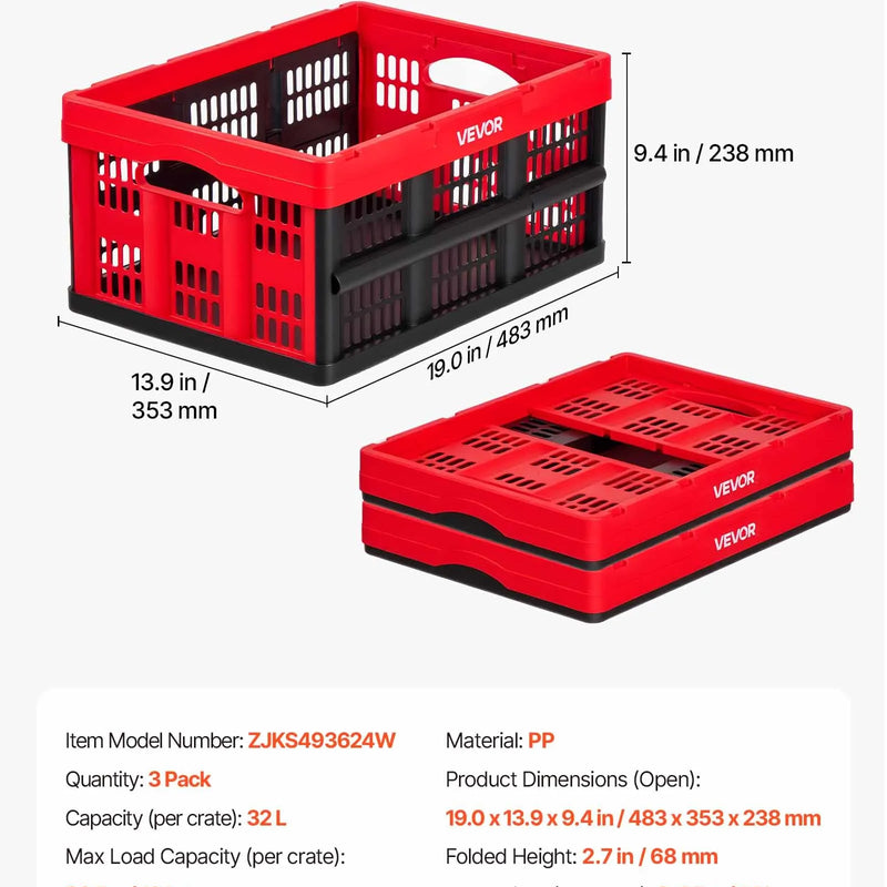 VEVOR salokāmas plastmasas uzglabāšanas kastes 32 l, 3 gab., sakraujami konteineri ar rokturiem ar kravnesību līdz 12 kg katrai kastei mājas organizēšanai - ZEMLETES.LV