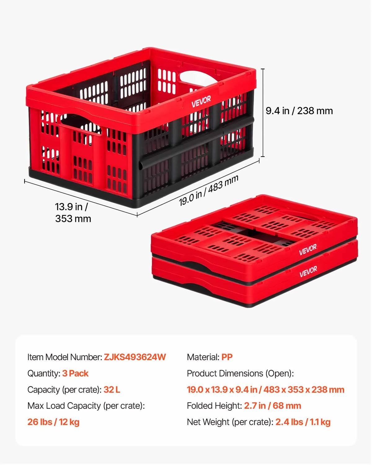 VEVOR salokāmas plastmasas uzglabāšanas kastes 32 l, 3 gab., sakraujami konteineri ar rokturiem ar kravnesību līdz 12 kg katrai kastei mājas organizēšanai - ZEMLETES.LV