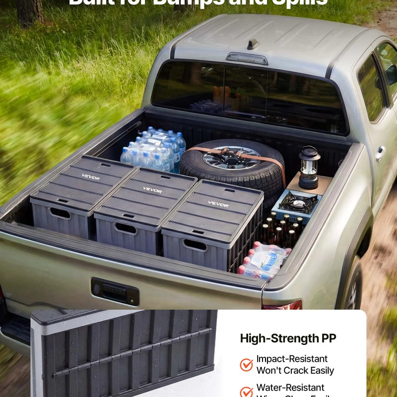 VEVOR saliekami plastmasas uzglabāšanas konteineri ar vākiem 65 l, 3 gab., sakraujami salokāmi konteineri ar rokturiem, slodze līdz 38 kg uz konteineru, izturīgi, vietu taupoši, mājas organizēšanai - ZEMLETES.LV
