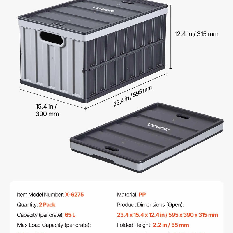VEVOR saliekami plastmasas uzglabāšanas konteineri ar vākiem 65 l, 2 gab., sakraujami salokāmi konteineri ar rokturiem, slodze līdz 38 kg uz konteineru, izturīgi, vietu taupoši, mājas organizēšanai - ZEMLETES.LV