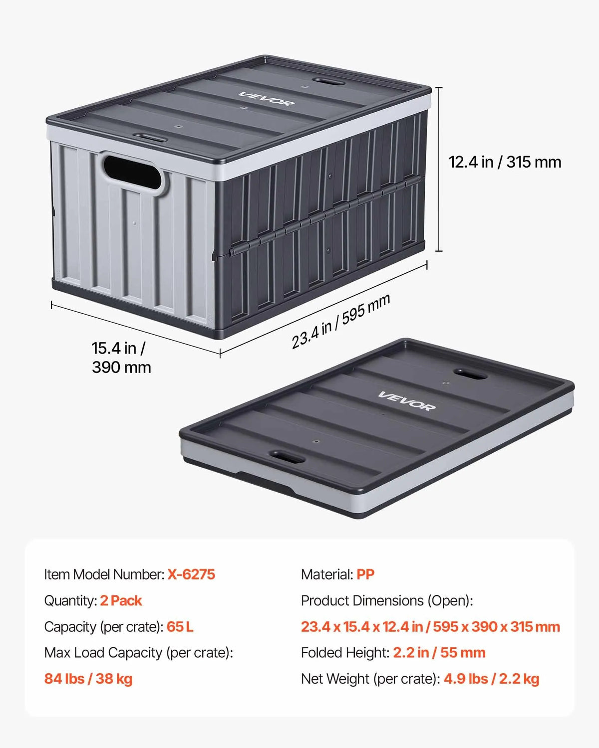 VEVOR saliekami plastmasas uzglabāšanas konteineri ar vākiem 65 l, 2 gab., sakraujami salokāmi konteineri ar rokturiem, slodze līdz 38 kg uz konteineru, izturīgi, vietu taupoši, mājas organizēšanai - ZEMLETES.LV