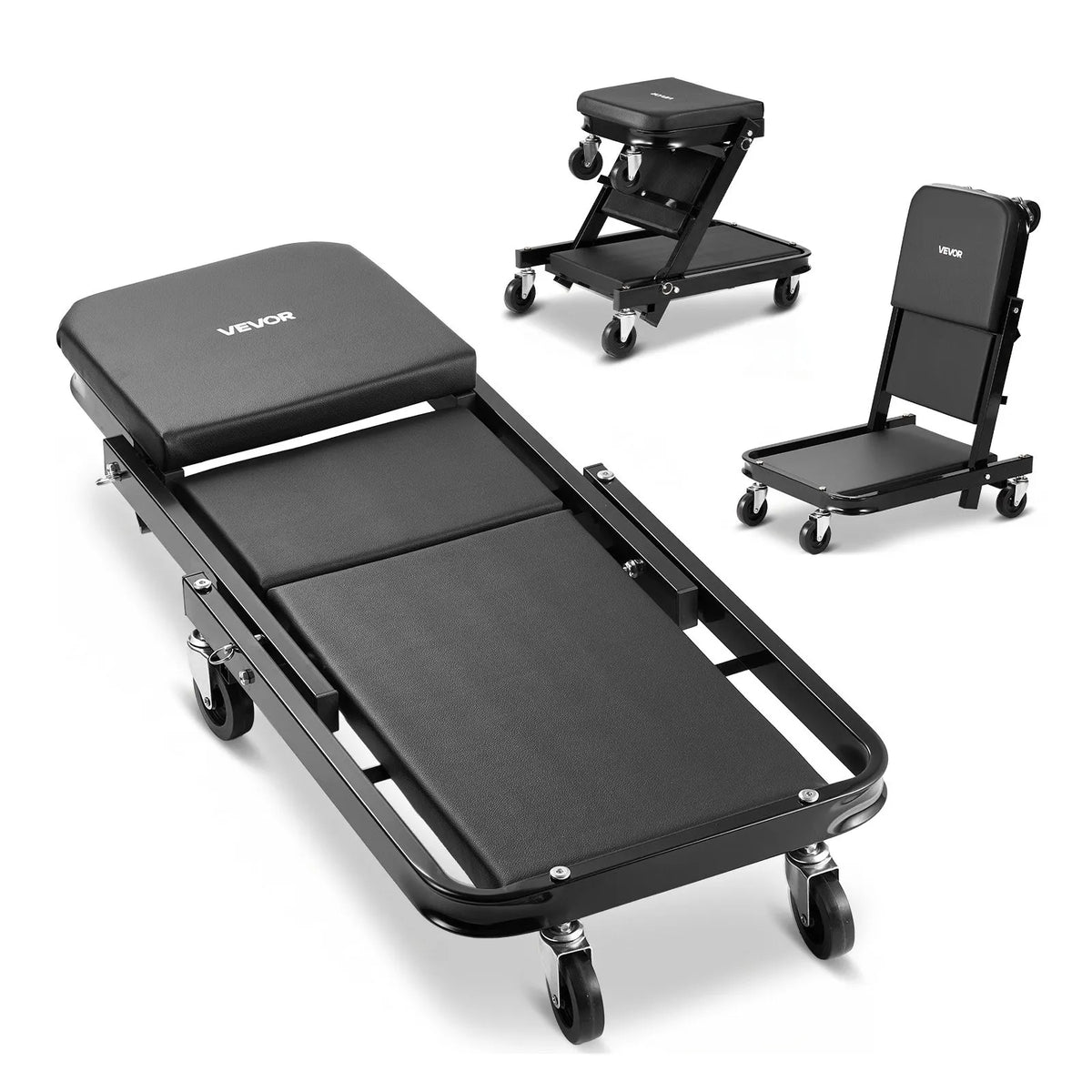 VEVOR 101,5 cm 3 vienā salokāms mehāniķa guļratis un sēdeklis, Z veida garāžas ratiņi auto remontam, 218 kg nestspēja, 6 grozāmi riteņi, polsterēts sēdeklis