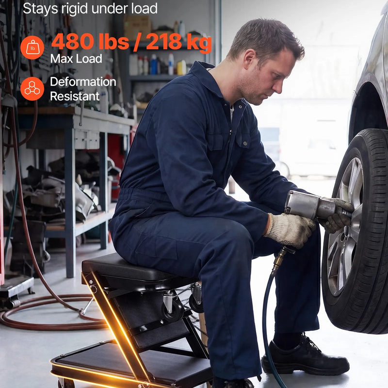 VEVOR 101,5 cm 3 vienā salokāms mehāniķa guļratis un sēdeklis, Z veida garāžas ratiņi auto remontam, 218 kg nestspēja, 6 grozāmi riteņi, polsterēts sēdeklis