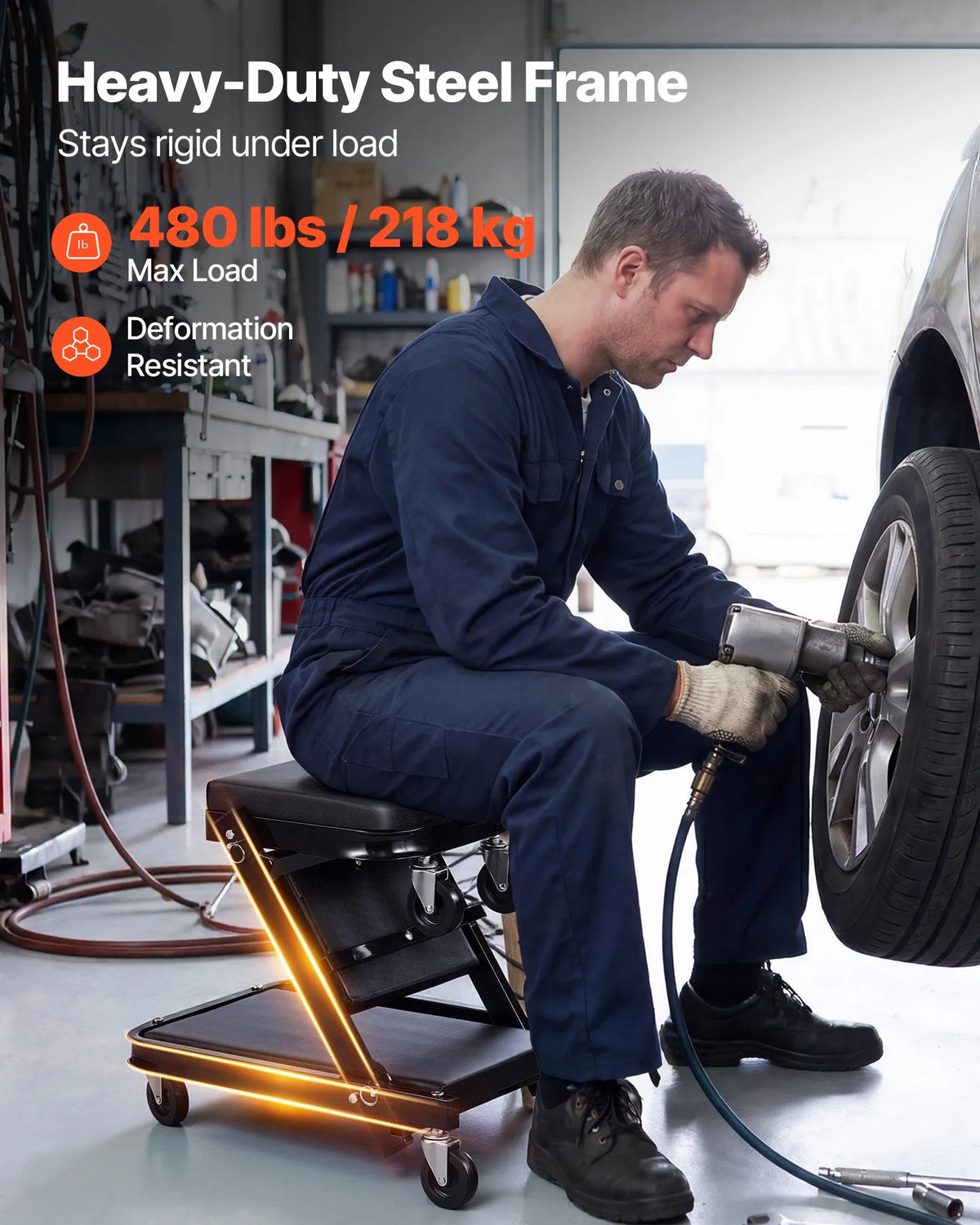 VEVOR 101,5 cm 3 vienā salokāms mehāniķa guļratis un sēdeklis, Z veida garāžas ratiņi auto remontam, 218 kg nestspēja, 6 grozāmi riteņi, polsterēts sēdeklis