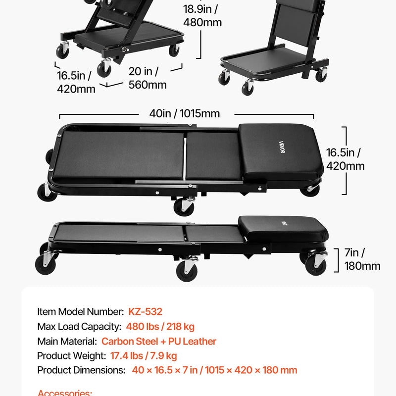 VEVOR 101,5 cm 3 vienā salokāms mehāniķa guļratis un sēdeklis, Z veida garāžas ratiņi auto remontam, 218 kg nestspēja, 6 grozāmi riteņi, polsterēts sēdeklis