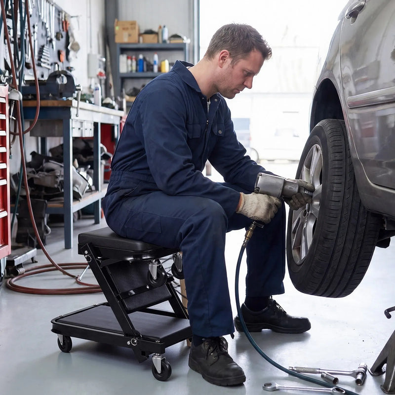VEVOR 101,5 cm 3 vienā salokāms mehāniķa guļratis un sēdeklis, Z veida garāžas ratiņi auto remontam, 218 kg nestspēja, 6 grozāmi riteņi, polsterēts sēdeklis