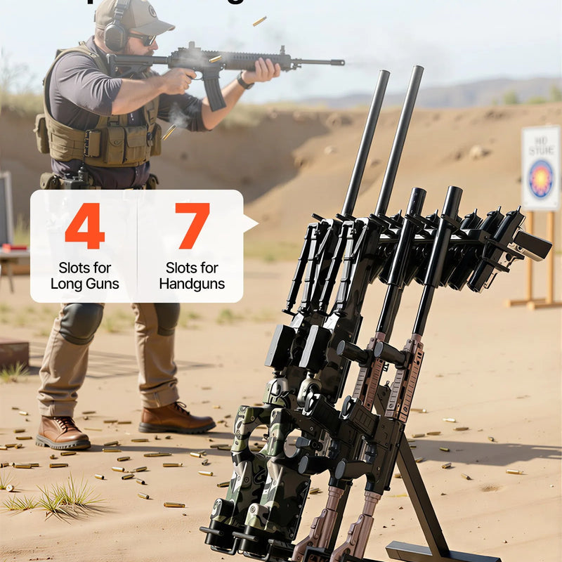 VEVOR pārnēsājams salokāms tērauda ieroču statīvs, brīvi stāvošs statīvs 4 šautenēm vai bisēm un līdz 7 pistolēm, iekštelpu un āra uzglabāšanai un eksponēšanai, piemērots šaušanai un medībām - ZEMLETES.LV