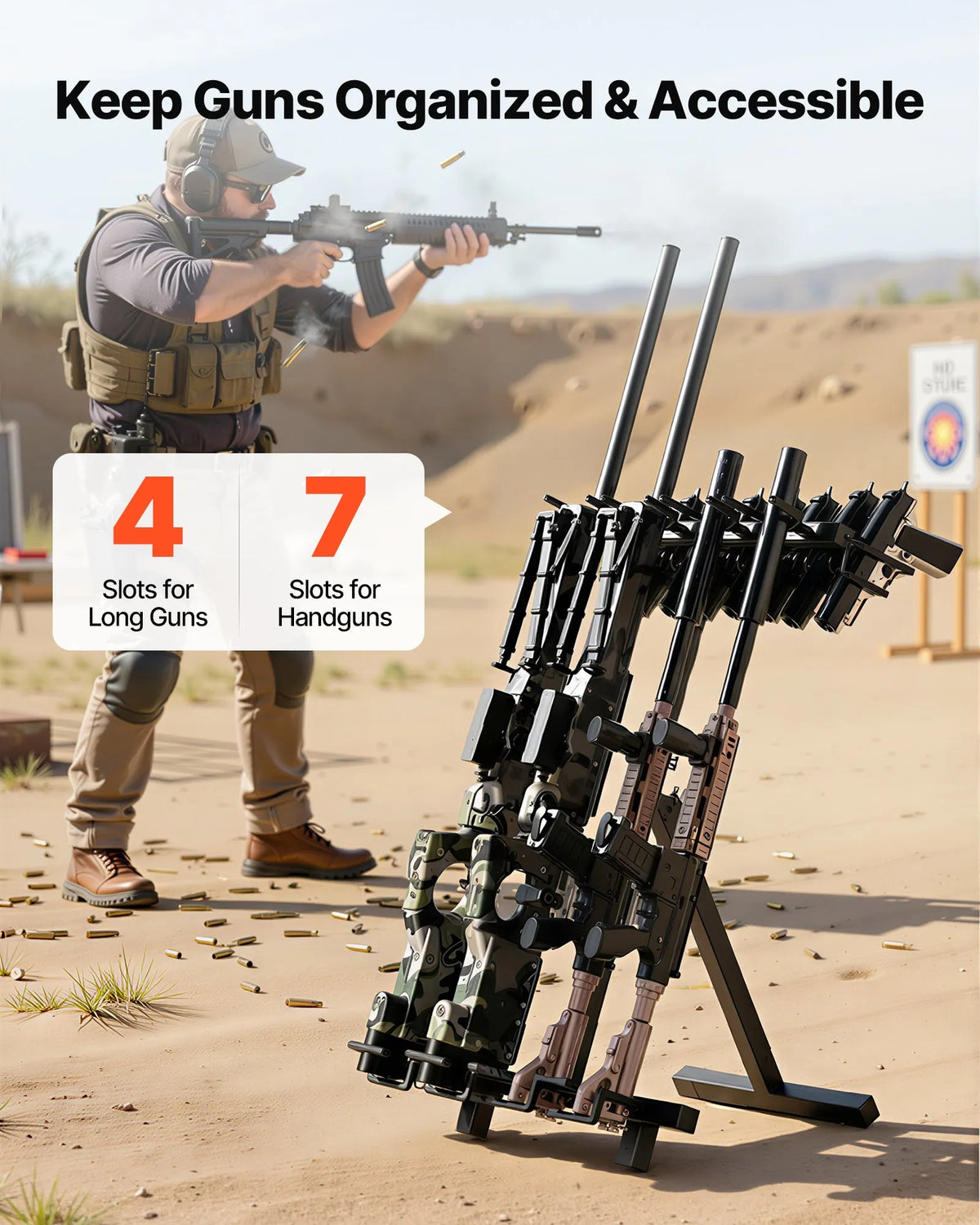 VEVOR pārnēsājams salokāms tērauda ieroču statīvs, brīvi stāvošs statīvs 4 šautenēm vai bisēm un līdz 7 pistolēm, iekštelpu un āra uzglabāšanai un eksponēšanai, piemērots šaušanai un medībām - ZEMLETES.LV