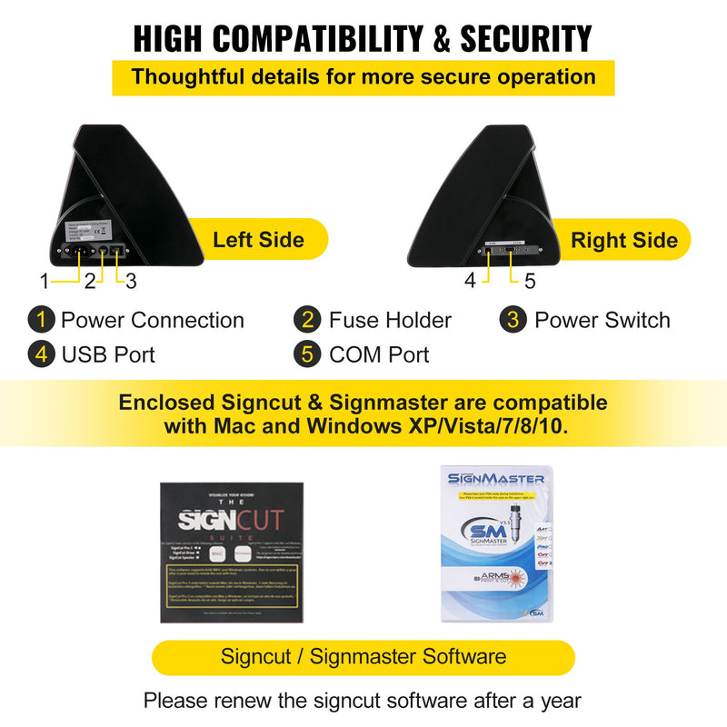 VEVOR 1350 mm vinila ploteris ar LED ekrānu, daļēji automātisku optisko sensoru, saderīgs ar SignCut programmatūru Mac un Windows sistēmām, komplektā ar statīvu
