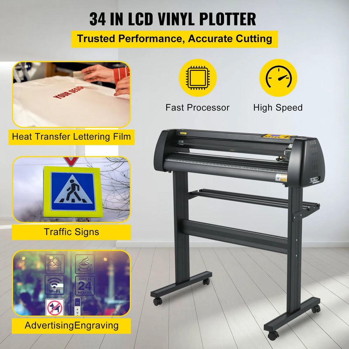 VEVOR vinila griešanas ploteris ar statīvu, papīra padeves platums 870 mm, SignMaster programmatūra, regulējams griešanas spēks un ātrums, LCD displejs, vinila griešanas iekārta uzlīmju un uzrakstu izgatavošanai - ZEMLETES.LV