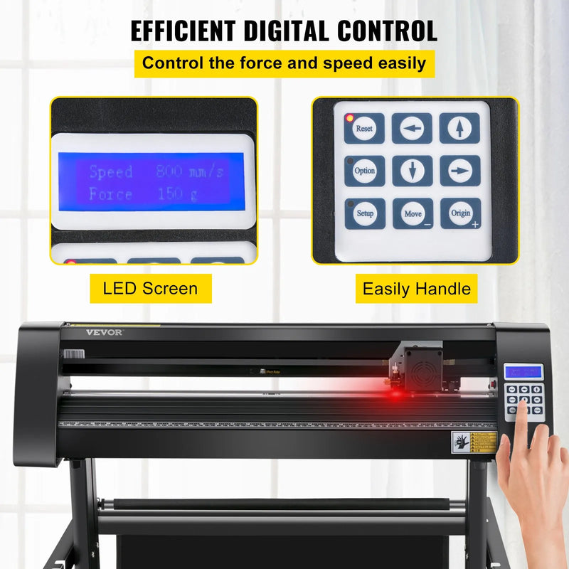 VEVOR vinila griešanas ploteris 870 mm ar LED ekrānu, pusautomātisku optisko sensoru precīzai vadībai, saderīgs ar SignMaster programmatūru Windows sistēmai, komplektā statīvs - ZEMLETES.LV