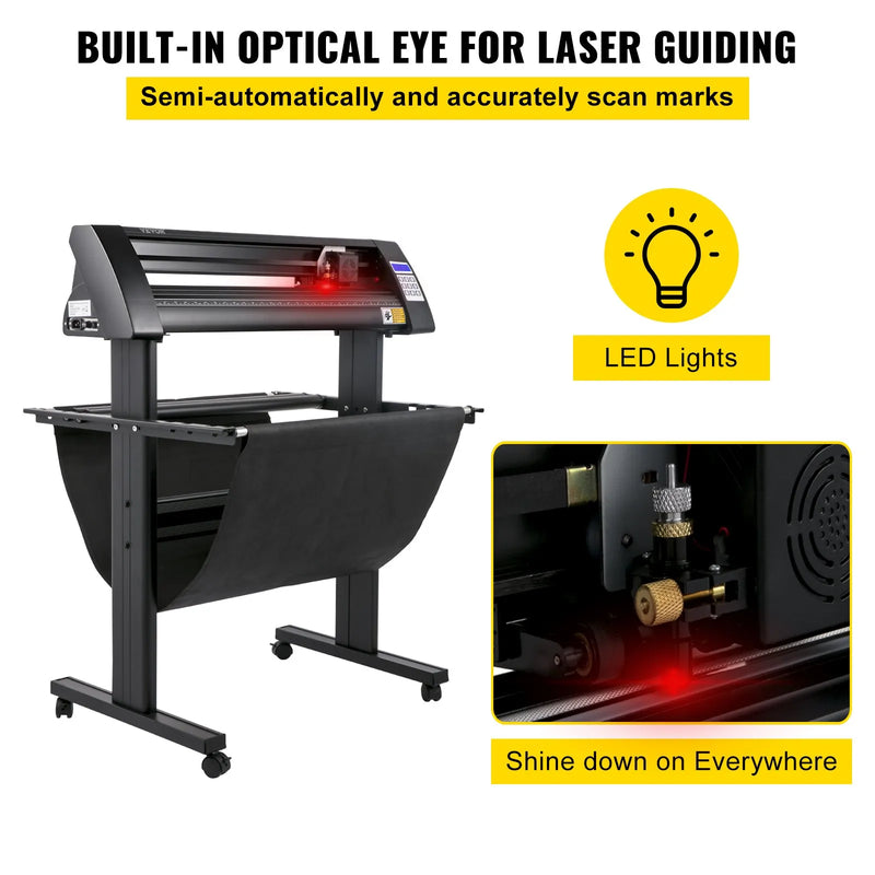 VEVOR vinila griešanas ploteris 870 mm ar LED ekrānu, pusautomātisku optisko sensoru precīzai vadībai, saderīgs ar SignMaster programmatūru Windows sistēmai, komplektā statīvs - ZEMLETES.LV