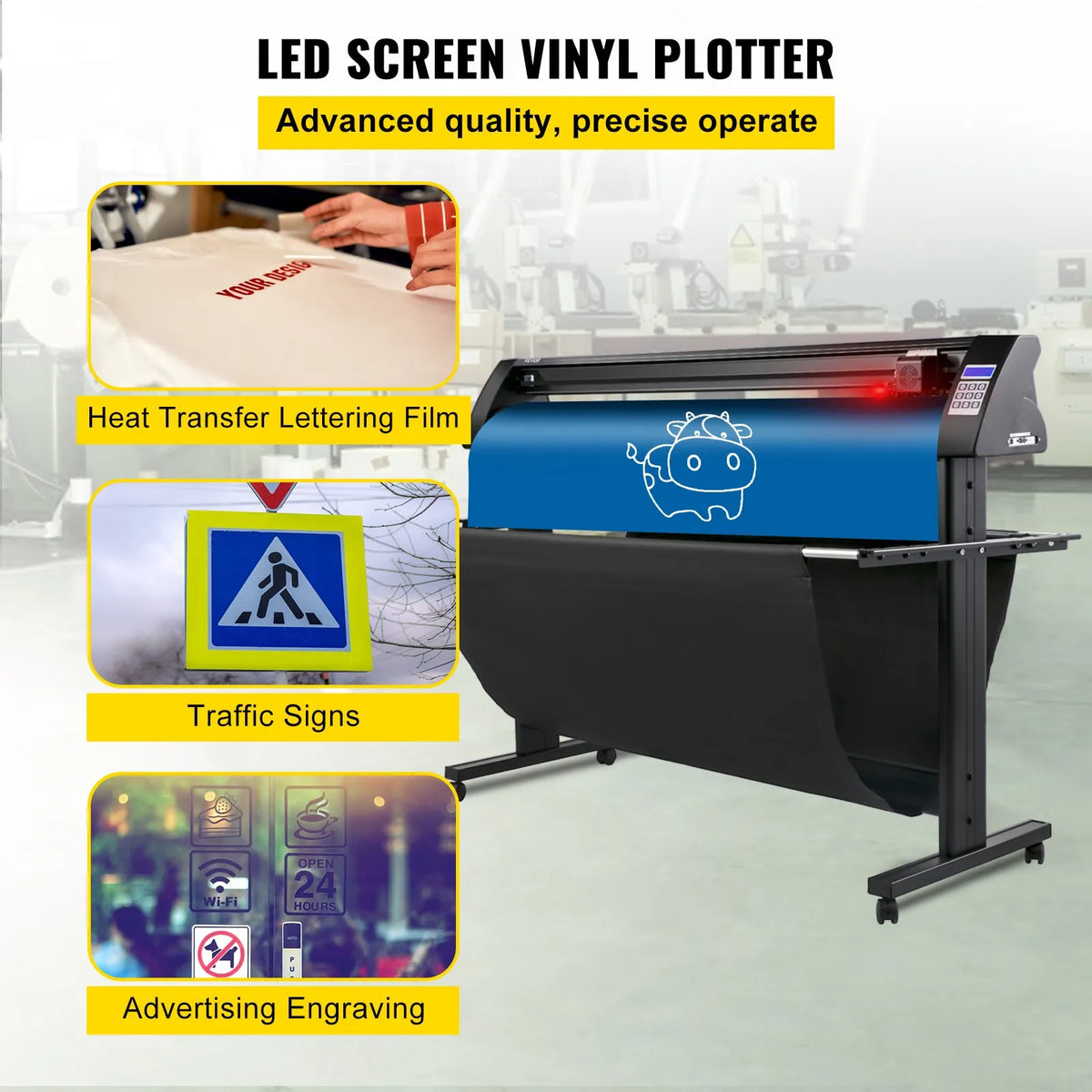 VEVOR vinila ploteris 1350 mm ar LED ekrānu, pusautomātisku optisko sensoru, saderīgs ar SignMaster programmatūru Windows sistēmai, ar statīvu - ZEMLETES.LV