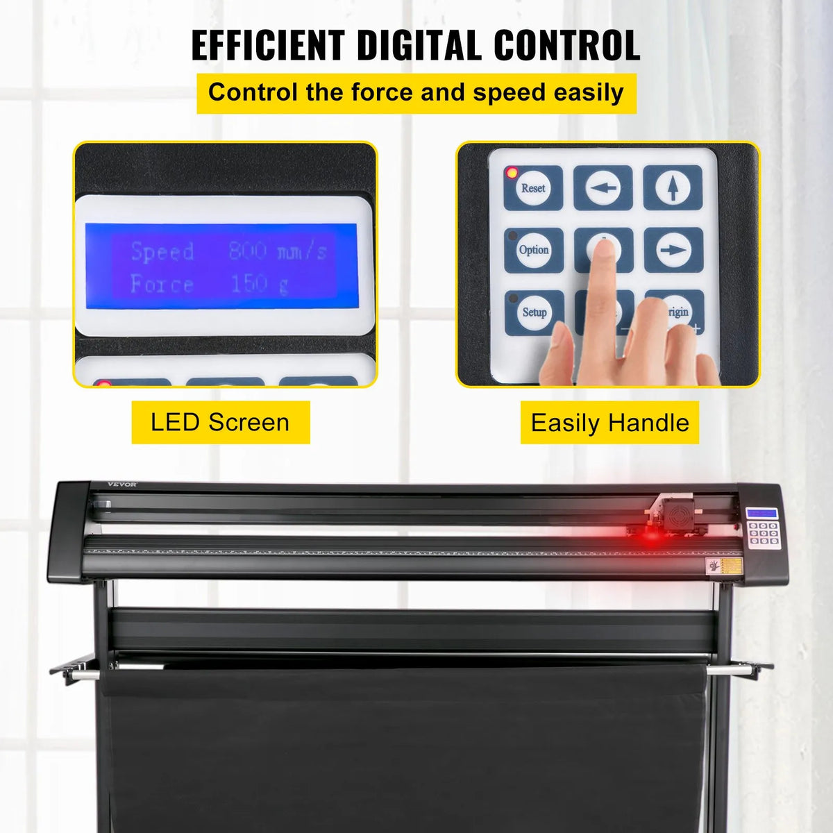 VEVOR vinila ploteris 1350 mm ar LED ekrānu, pusautomātisku optisko sensoru, saderīgs ar SignMaster programmatūru Windows sistēmai, ar statīvu - ZEMLETES.LV