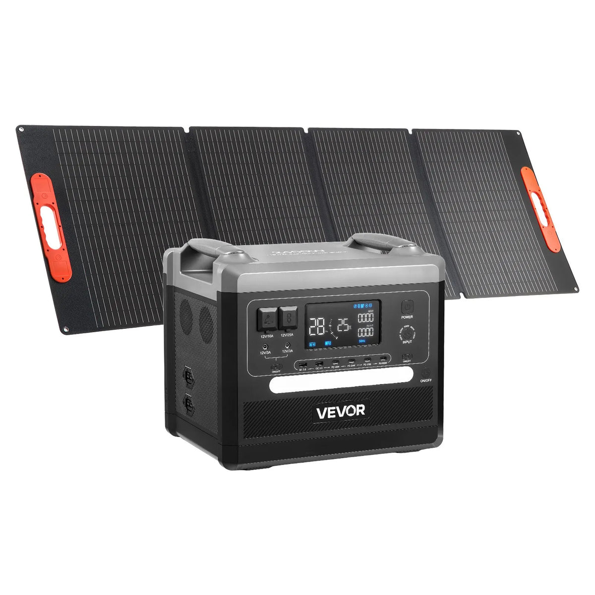 VEVOR portatīvā uzlādes stacija 2400 W / 2160 Wh ar 200 W saules paneli – saules enerģijas komplekts