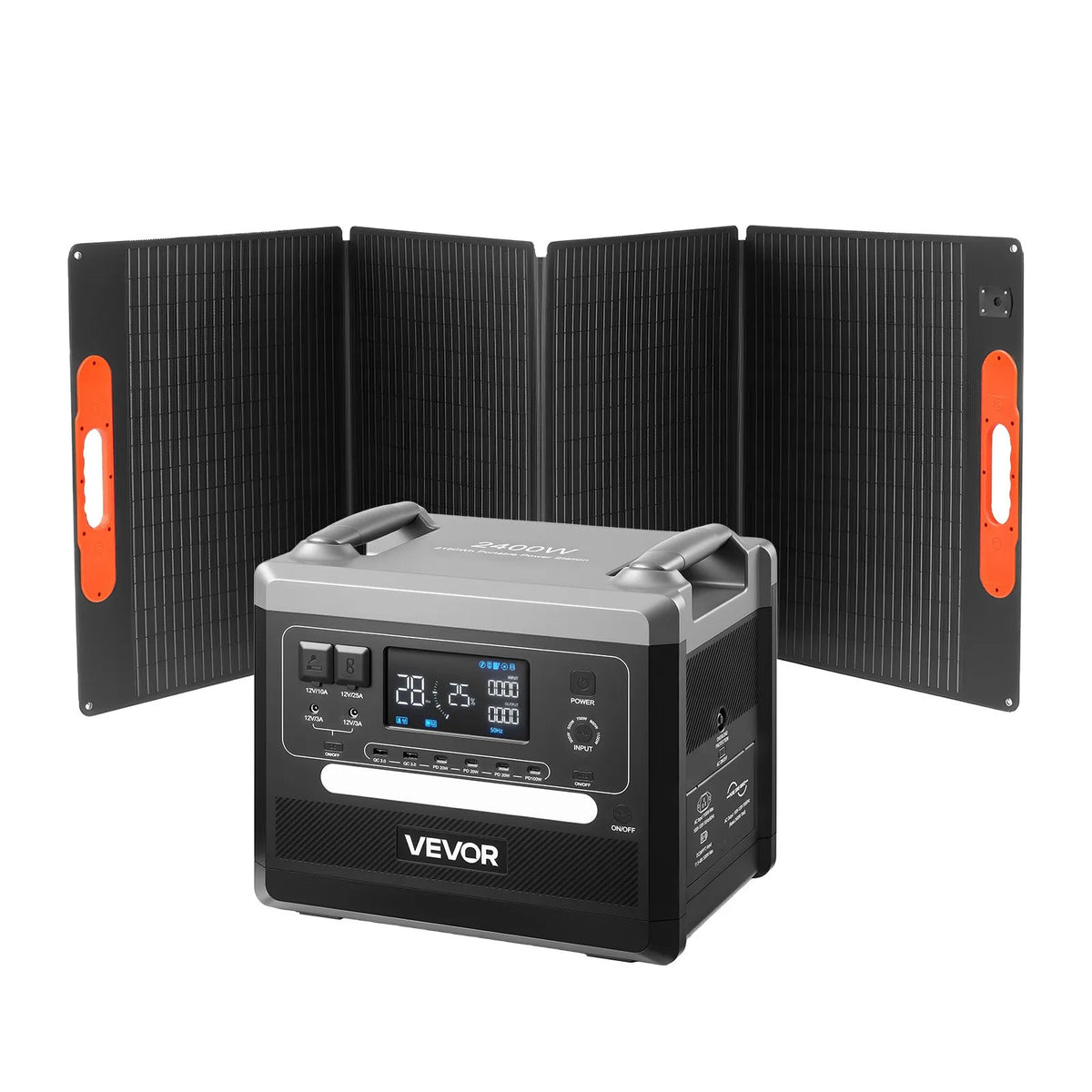 VEVOR portatīvā uzlādes stacija 2400 W / 2160 Wh ar 200 W saules paneli – saules enerģijas komplekts