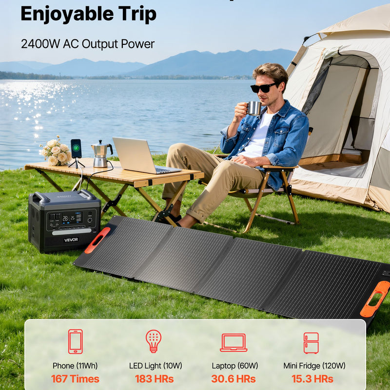 VEVOR pārnēsājama elektroenerģijas stacija 2400 W ar 200 W salokāmu saules paneli, 2160 Wh paplašināma LiFePO4 akumulatora sistēma ar 10 izejām un regulējamu ievades jaudu mājai, kempingam un kemperiem