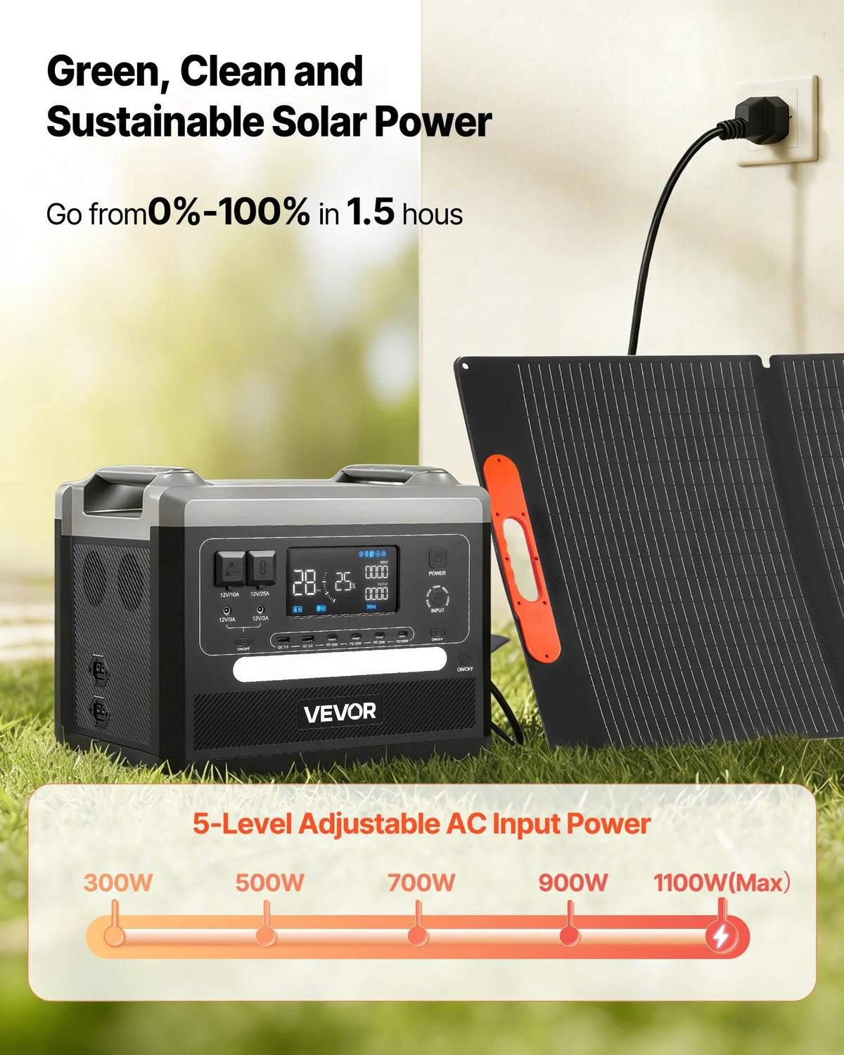 VEVOR portatīvā uzlādes stacija 2400 W / 2160 Wh ar 200 W saules paneli – saules enerģijas komplekts