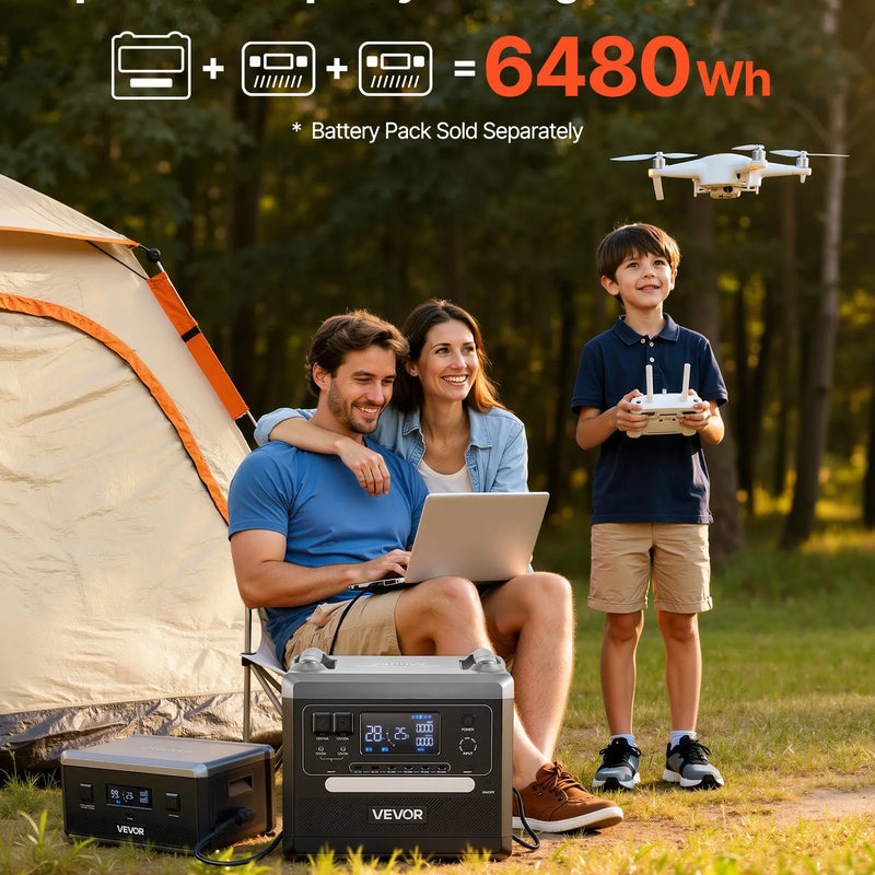 VEVOR pārnēsājama elektroenerģijas stacija 2400 W ar 200 W salokāmu saules paneli, 2160 Wh paplašināma LiFePO4 akumulatora sistēma ar 10 izejām un regulējamu ievades jaudu mājai, kempingam un kemperiem