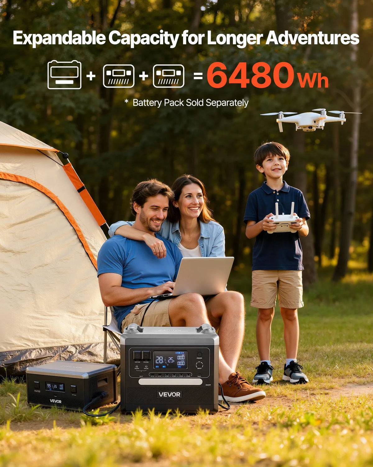 VEVOR portatīvā uzlādes stacija 2400 W / 2160 Wh ar 200 W saules paneli – saules enerģijas komplekts
