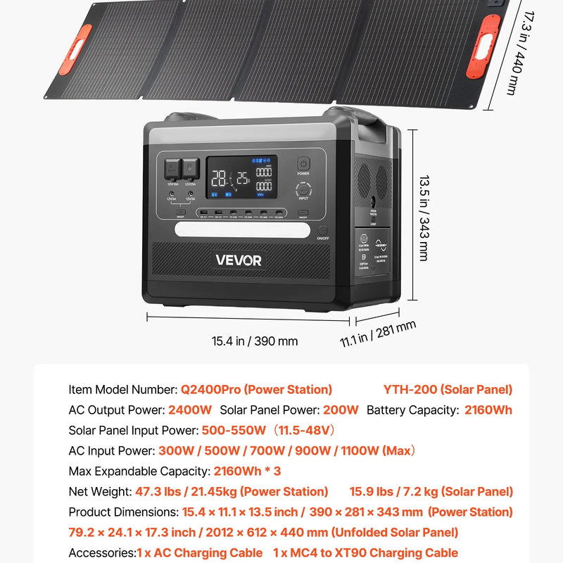 VEVOR pārnēsājama elektroenerģijas stacija 2400 W ar 200 W salokāmu saules paneli, 2160 Wh paplašināma LiFePO4 akumulatora sistēma ar 10 izejām un regulējamu ievades jaudu mājai, kempingam un kemperiem