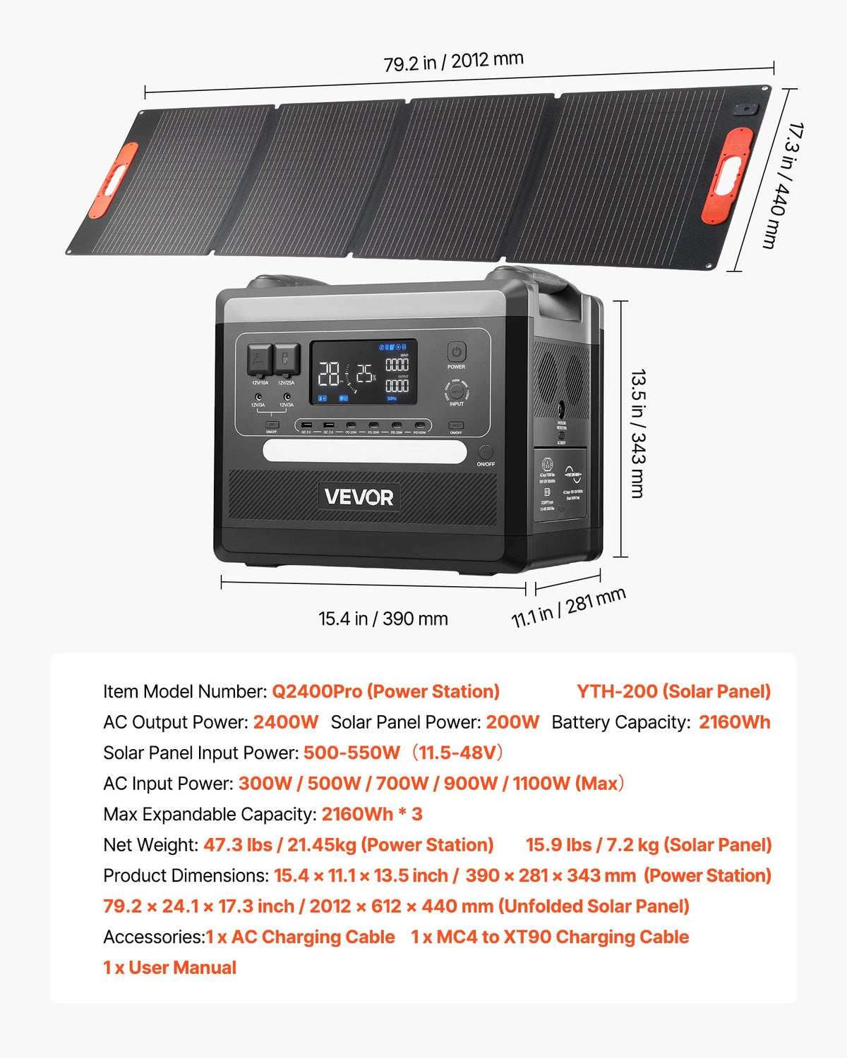 VEVOR portatīvā uzlādes stacija 2400 W / 2160 Wh ar 200 W saules paneli – saules enerģijas komplekts
