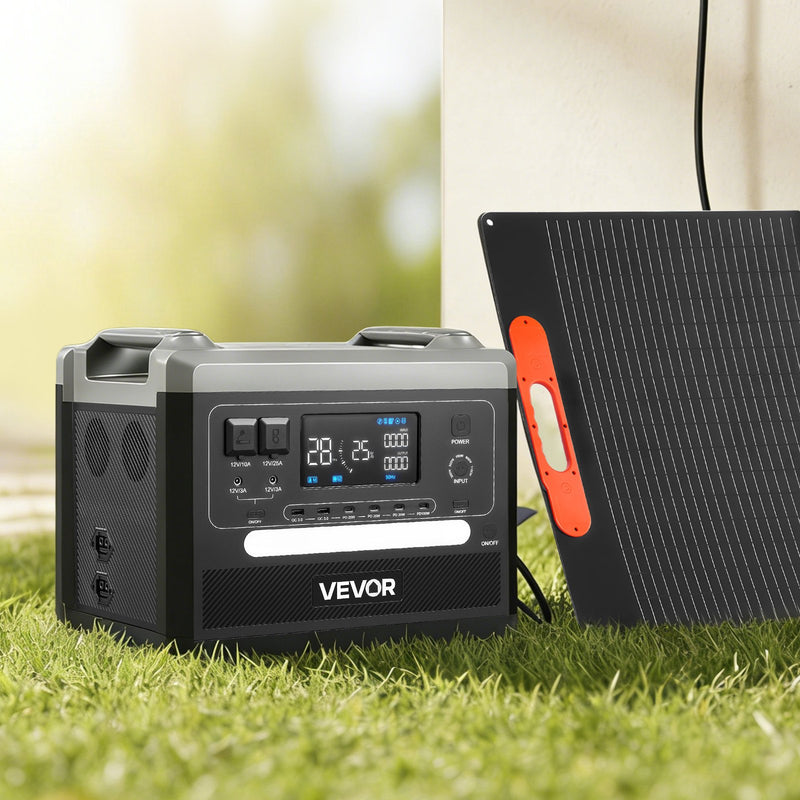 VEVOR pārnēsājama elektroenerģijas stacija 2400 W ar 200 W salokāmu saules paneli, 2160 Wh paplašināma LiFePO4 akumulatora sistēma ar 10 izejām un regulējamu ievades jaudu mājai, kempingam un kemperiem