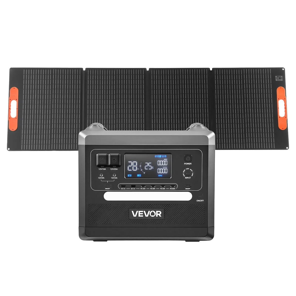 VEVOR portatīvā uzlādes stacija 2400 W / 2160 Wh ar 200 W saules paneli – saules enerģijas komplekts