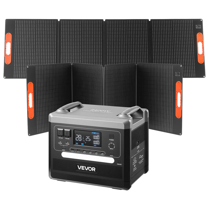 VEVOR pārnēsājama elektroenerģijas stacija 2400 W ar 2 × 200 W salokāmiem saules paneļiem, 2160 Wh paplašināma LiFePO4 akumulatora sistēma ar 10 izejām mājai, kempingam un kemperiem