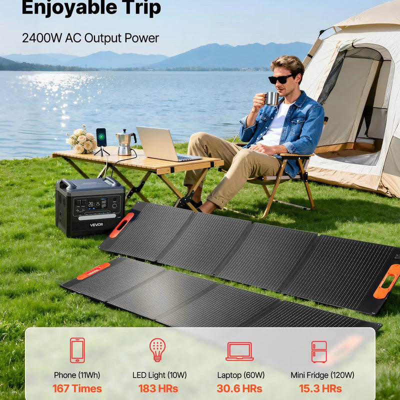 VEVOR pārnēsājama elektroenerģijas stacija 2400 W ar 2 × 200 W salokāmiem saules paneļiem, 2160 Wh paplašināma LiFePO4 akumulatora sistēma ar 10 izejām mājai, kempingam un kemperiem