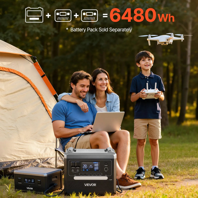 VEVOR pārnēsājama elektroenerģijas stacija 2400 W ar 2 × 200 W salokāmiem saules paneļiem, 2160 Wh paplašināma LiFePO4 akumulatora sistēma ar 10 izejām mājai, kempingam un kemperiem