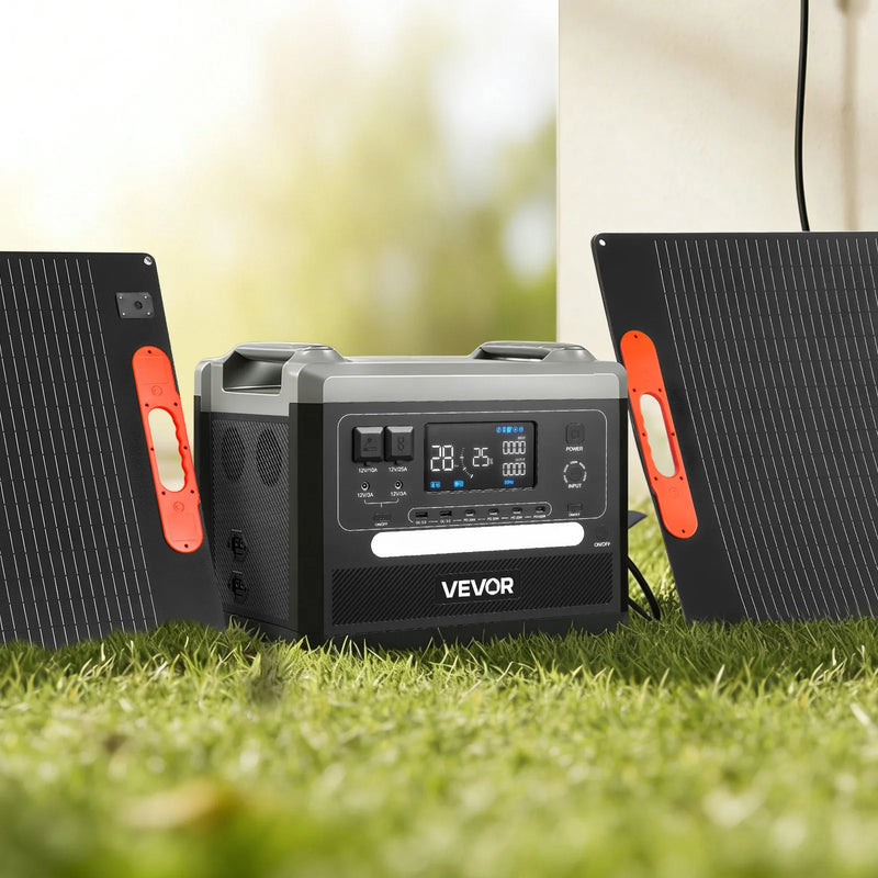 VEVOR pārnēsājama elektroenerģijas stacija 2400 W ar 2 × 200 W salokāmiem saules paneļiem, 2160 Wh paplašināma LiFePO4 akumulatora sistēma ar 10 izejām mājai, kempingam un kemperiem